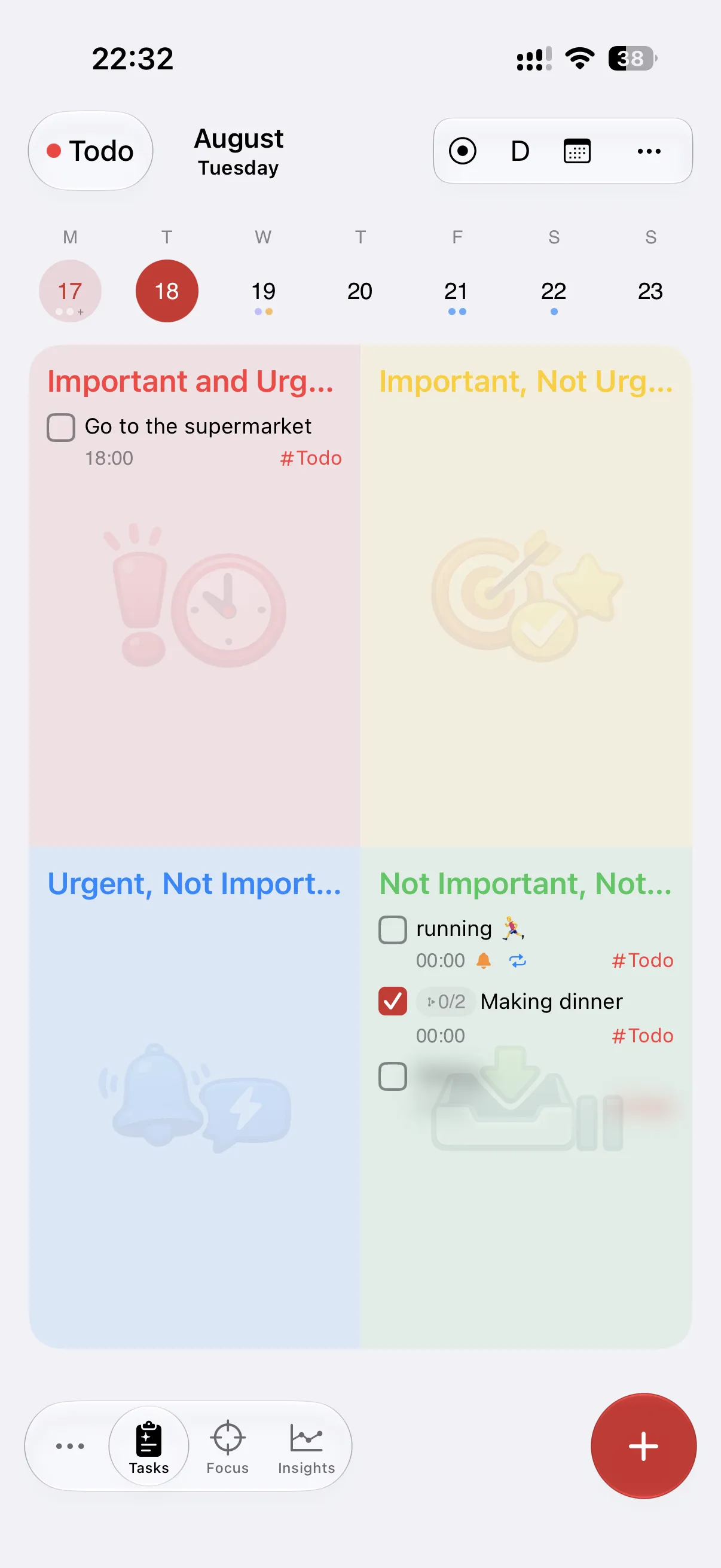 DoTask quadrant view: tasks by importance and urgency